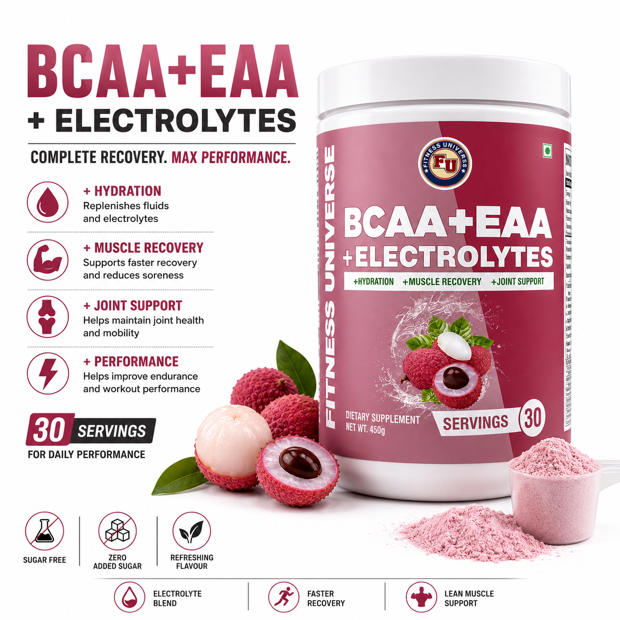 Fitness Universe® BCAA + EAA + Electrolyte Lychee 450g