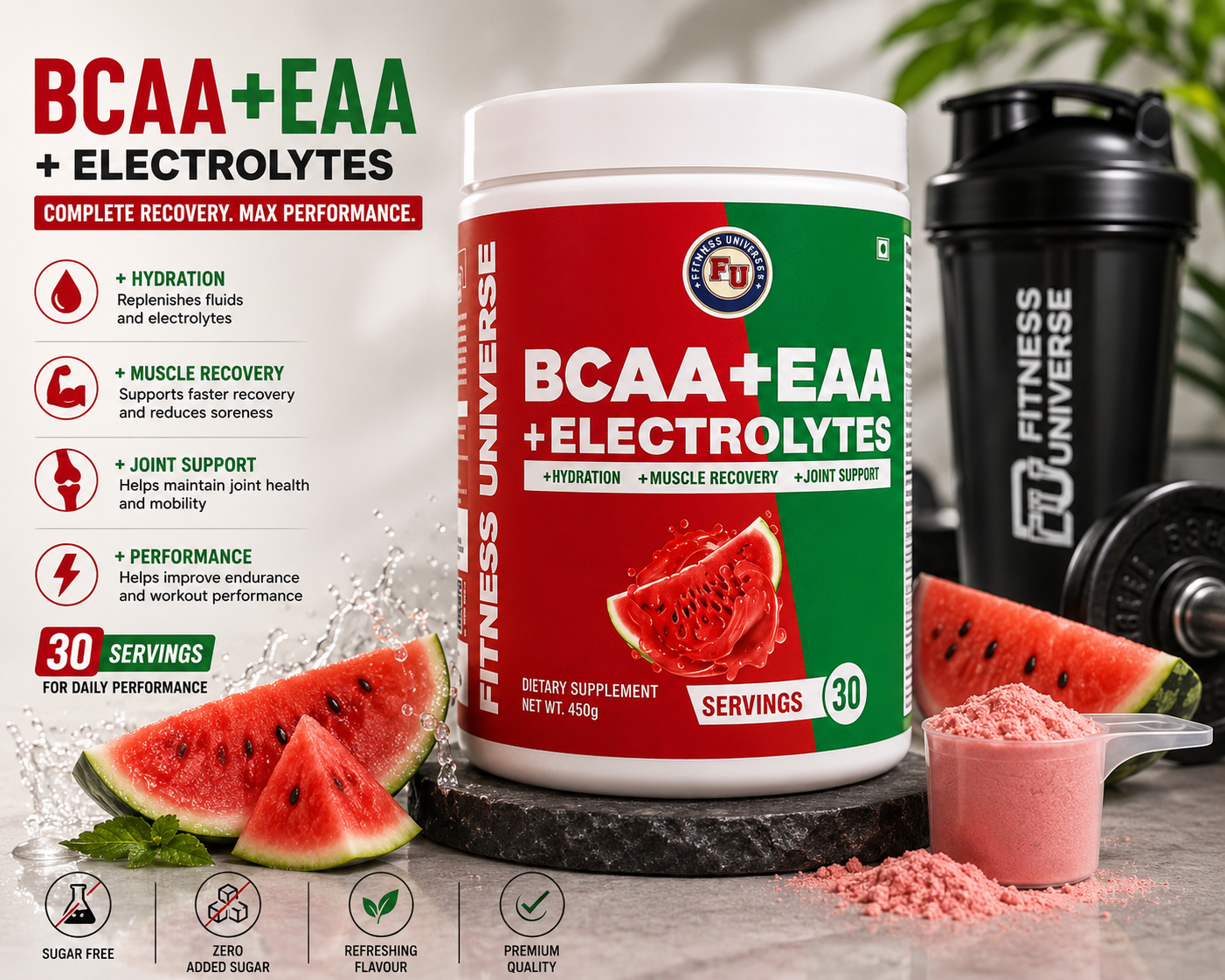 Fitness Universe® BCAA + EAA + Electrolyte Watermelon 450g